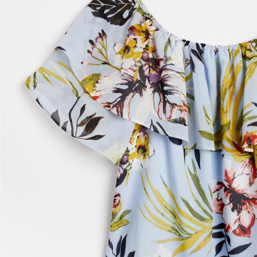 Off-Shoulder Blue Floral Ruffle Women's Top - Picture 2 of 8